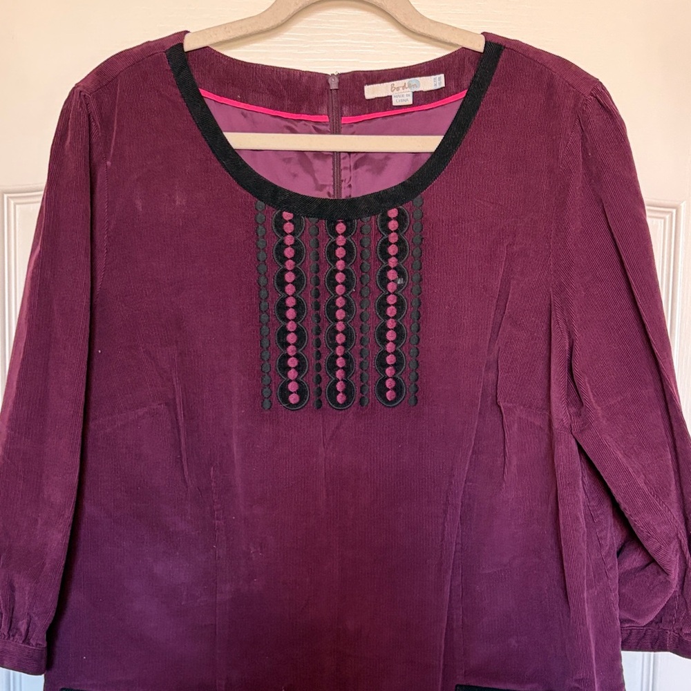Boden Women's Plum corduroy mini shift dress with Black Trim embroidery sz 18L